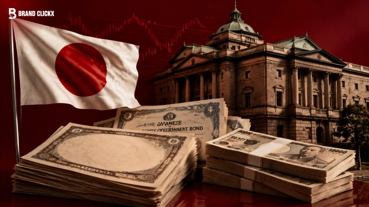 Japanese flag and financial building with stacks of currency set against a dark red ambient background