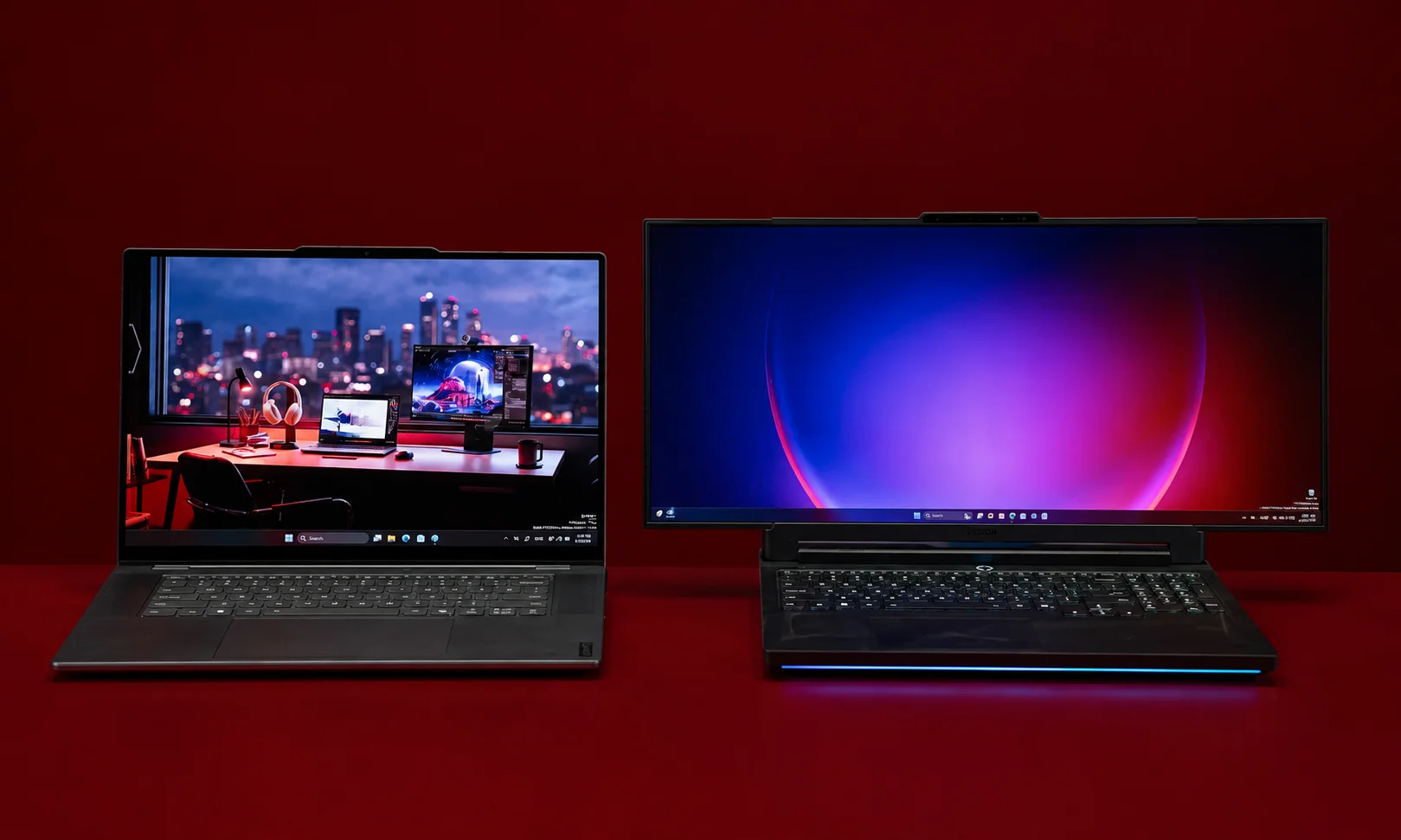 Two modern laptops showing vibrant display panels and modern desktop interfaces.