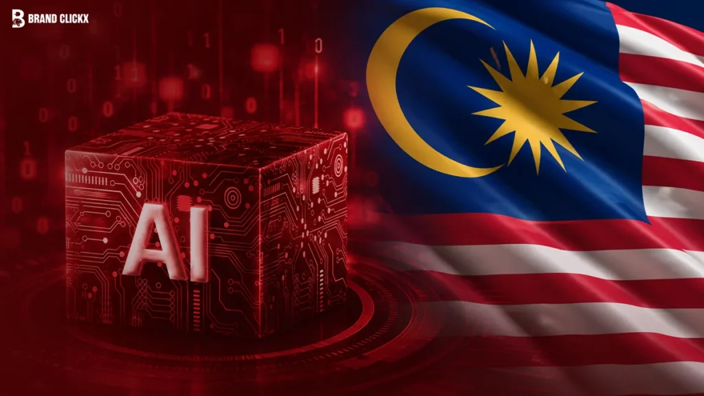 Malaysian flag alongside a glowing red AI circuit cube against a dark background