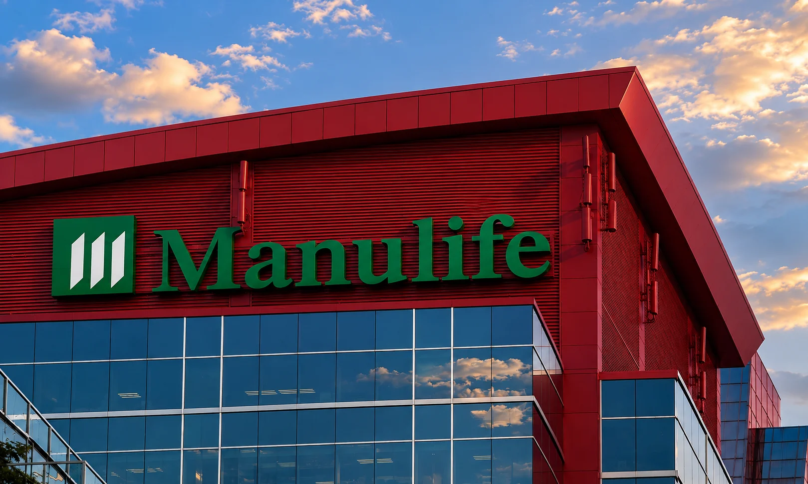 | Best Insurance Companies in the World in 2026 The Manulife green logo sign mounted on the exterior of a red commercial glass office building.