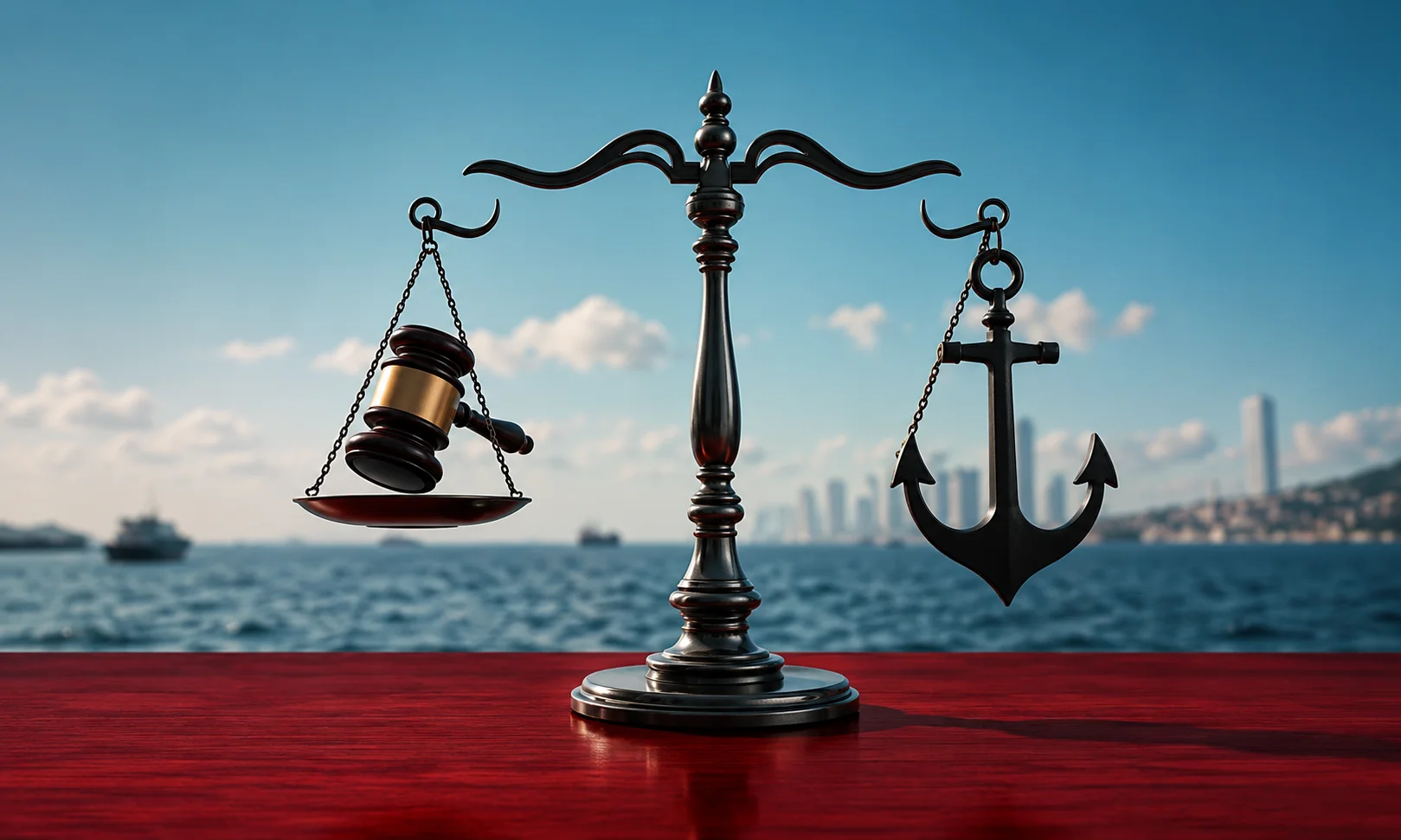 Scales of justice balancing a legal gavel and a ship anchor against a coastal background with the sea