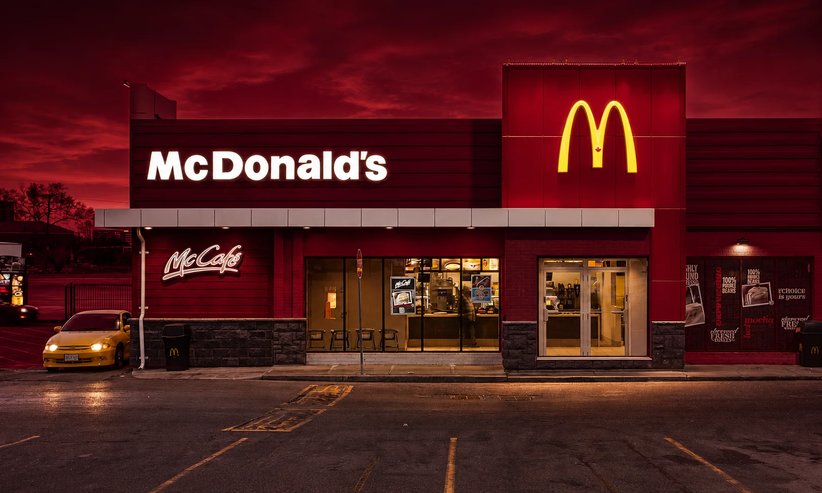 A store front image featuring the iconic golden arches set against a dark red backdrop.