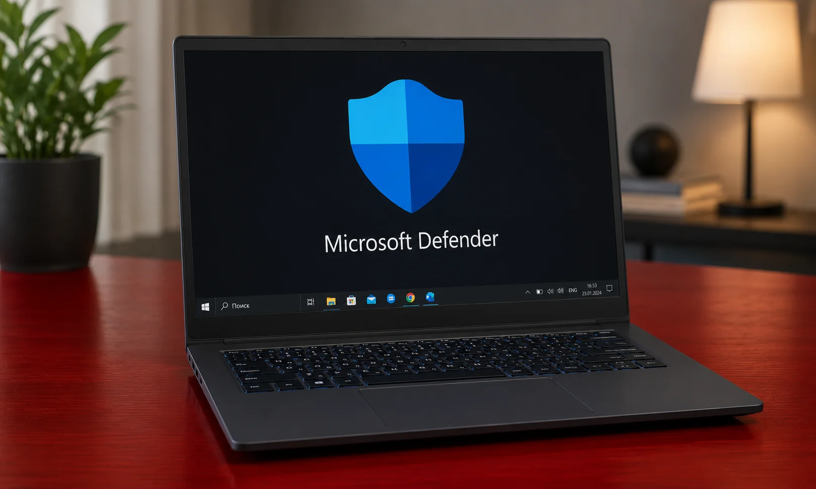 | Best Antivirus Software of 2026: Expert-Tested Picks for Every Need Microsoft Defender logo on laptop screen on a red table