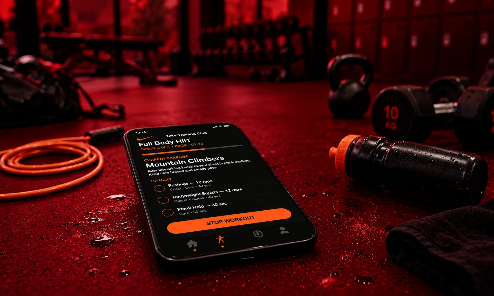 Nike Training Club app user interface featuring free guided home workouts and training sessions.