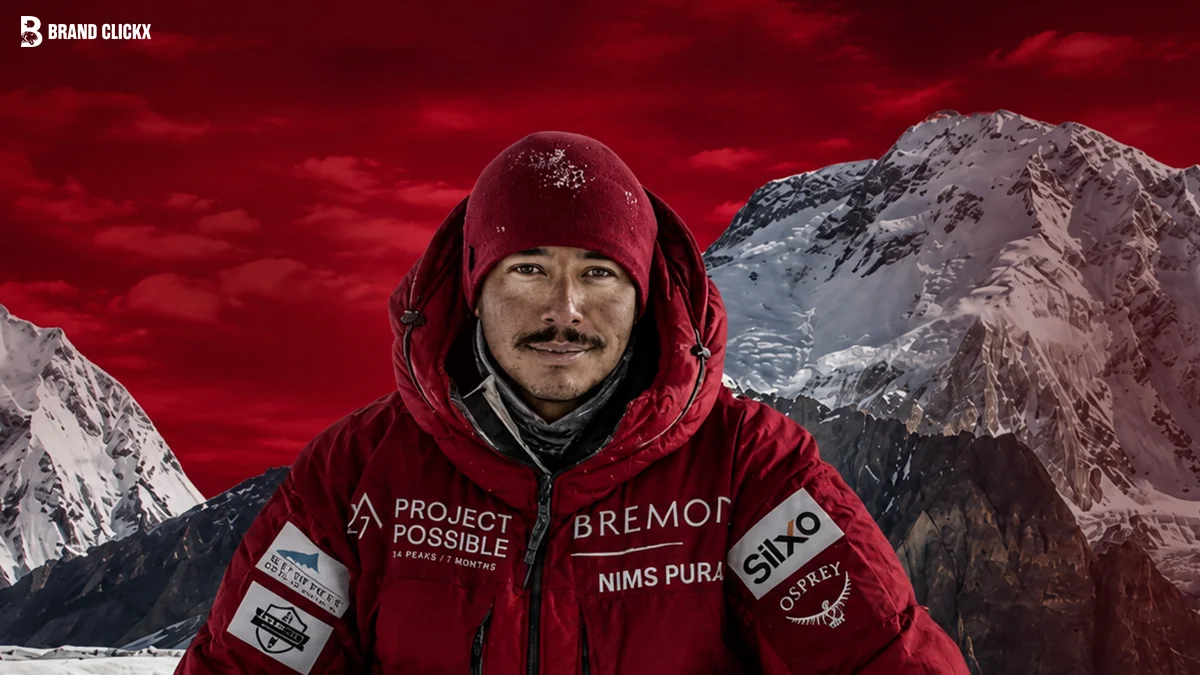 Nims Purja and Nine Others Killed in Broad Peak Avalanche Mountaineer in red parka standing before snowy peaks and red sky