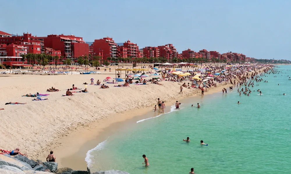 Calm and spacious sandy coast at Ocata Beach in El Masnou, north of Barcelona.