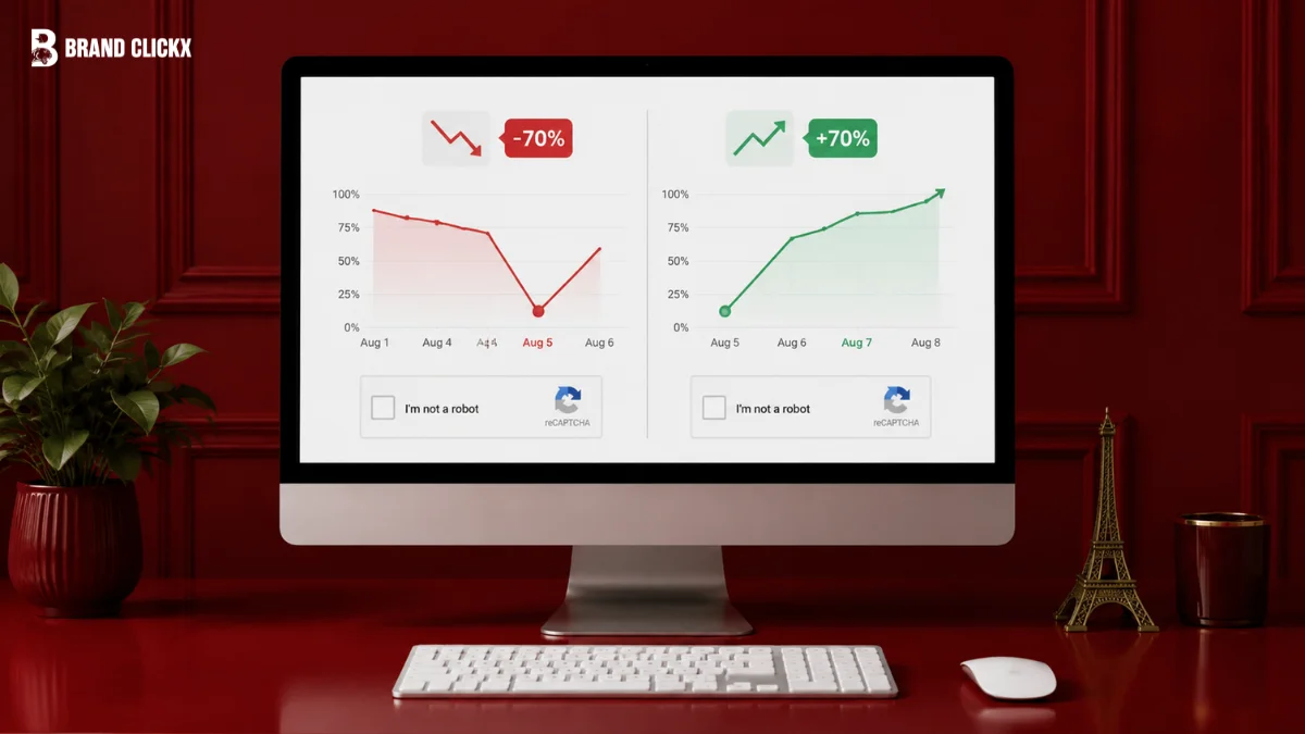 A desktop monitor displaying two comparative charts side-by-side against a branded dark red studio background with the Brand Clickx logo visible in the top left corner.