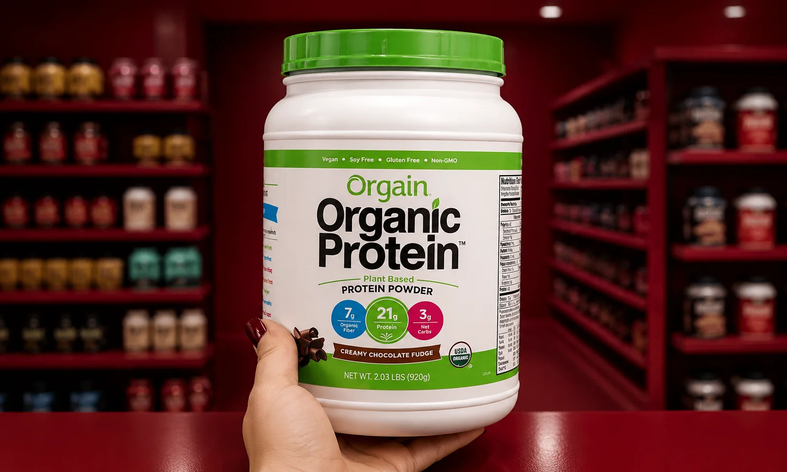 Orgain organic plant-based protein powder container