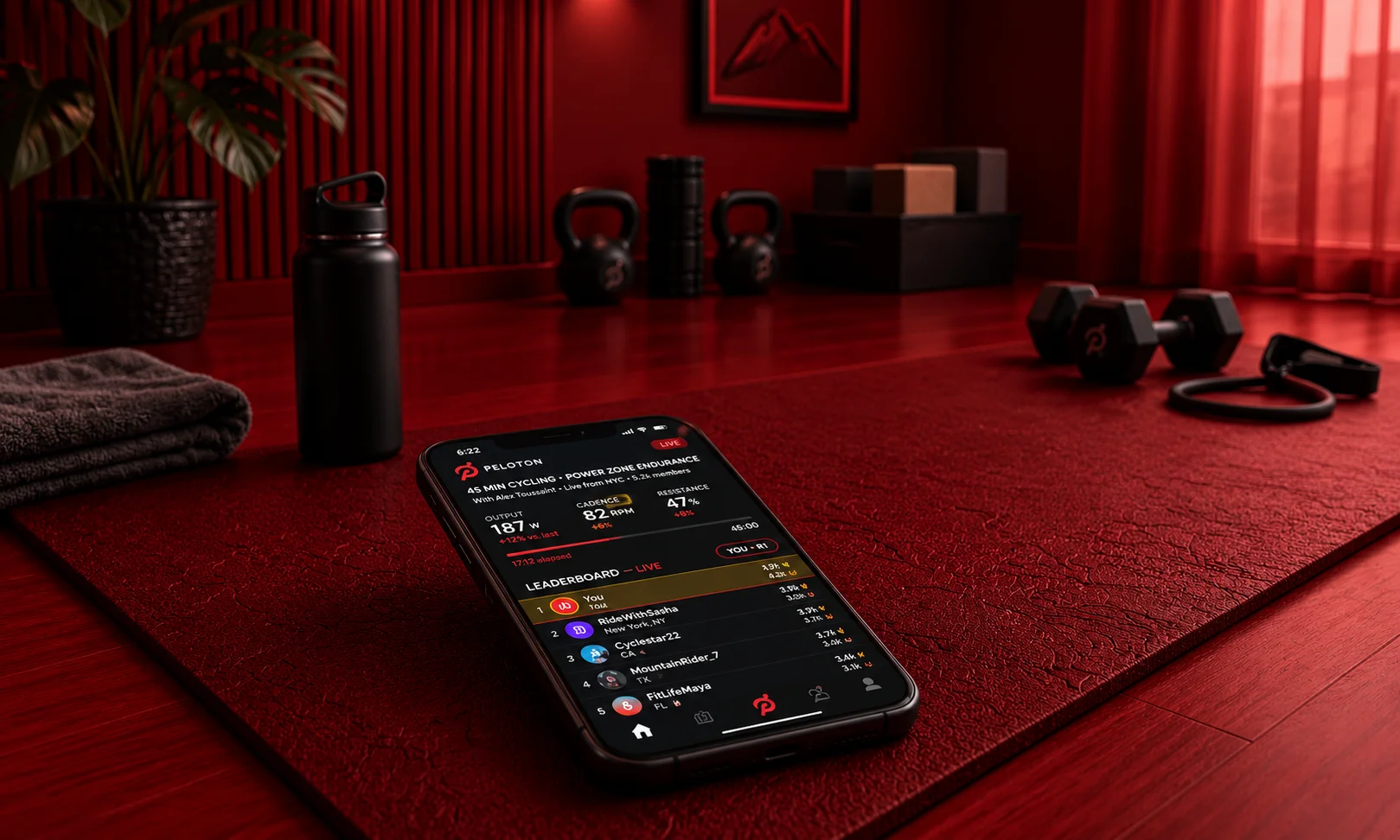 Peloton fitness app interface showing instructor-led online classes for running, cycling, and home workouts.