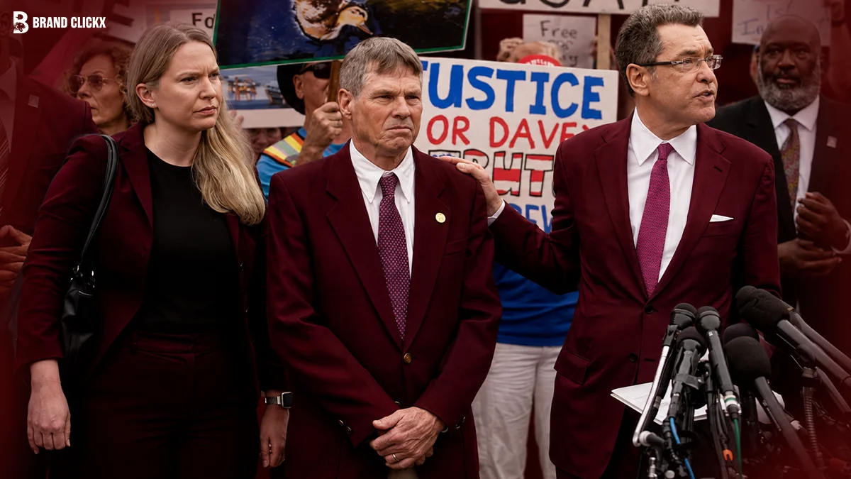 Prosecutors Charged a 67 Year Old Over Two Square Feet of Sealant Then They Visited the Pool Three people in dark red suits standing together at a press conference against a red-ambient backdrop