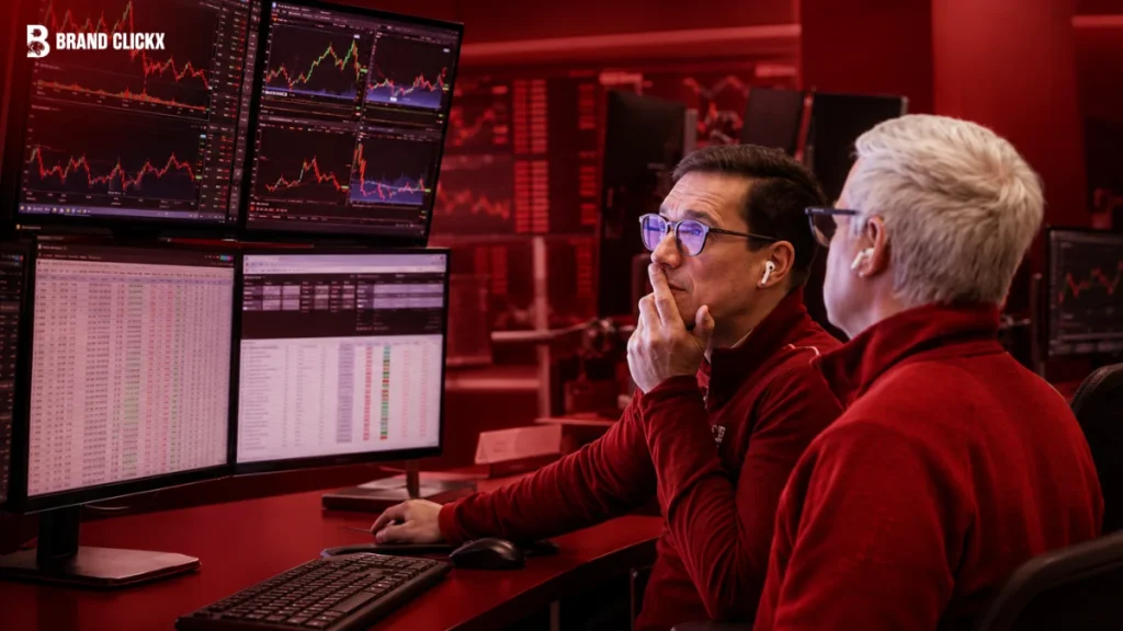 Two men in red sweaters working in a trading room with multiple monitors displaying stock charts and financial data, featuring the Brand Clickx