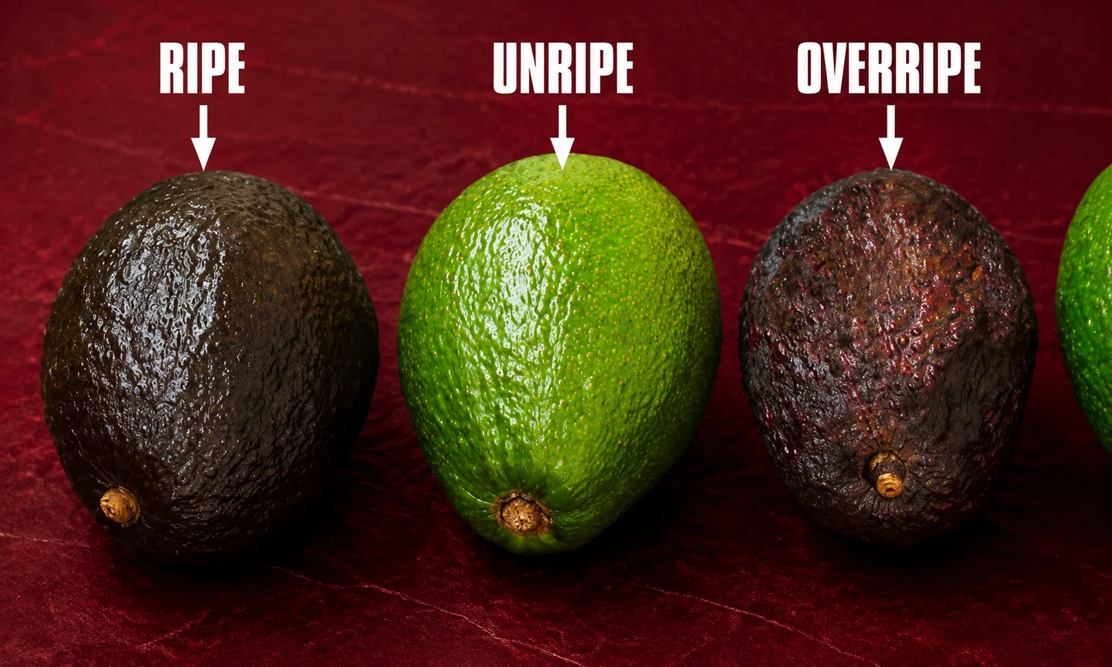 Comparison of avocados at different ripeness stages displayed under a warm red-toned aesthetic.