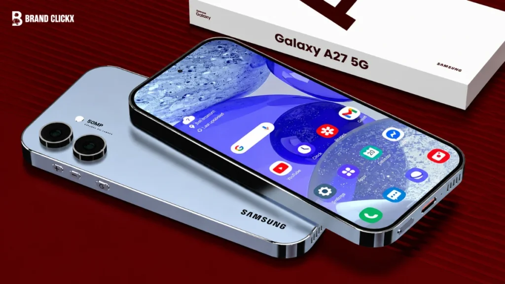 A Samsung Galaxy A27 5G smartphone displayed against a dark red ambient background.