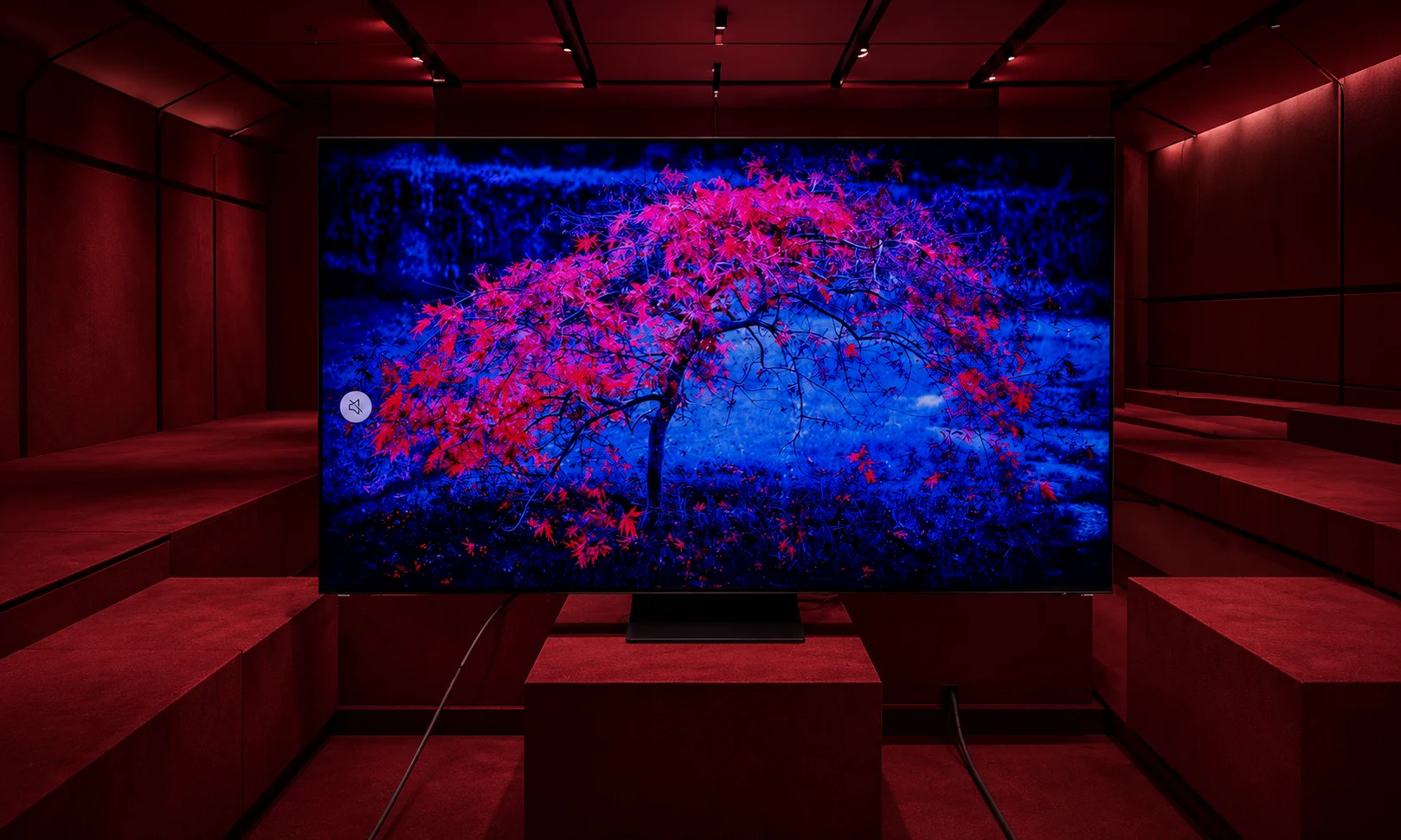 A Samsung S90H television displayed in a rich red ambient setting.