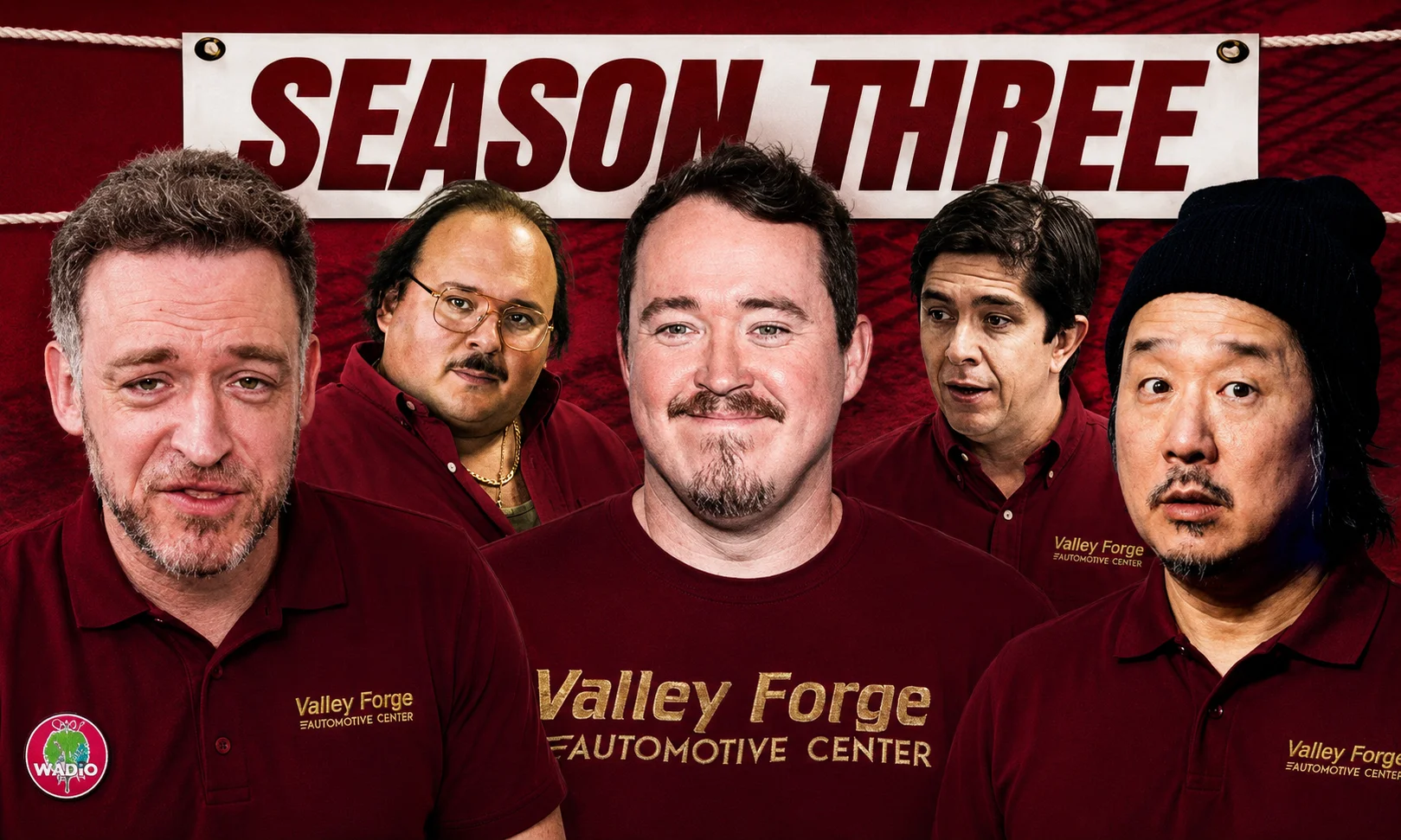 Group of cast members featured together against a dark red ambient background.