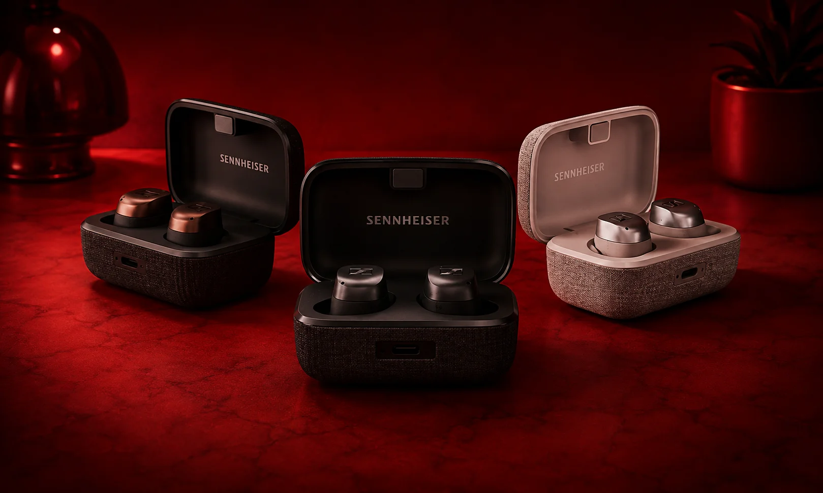 Sennheiser earbuds and cases arranged in a promotional layout.