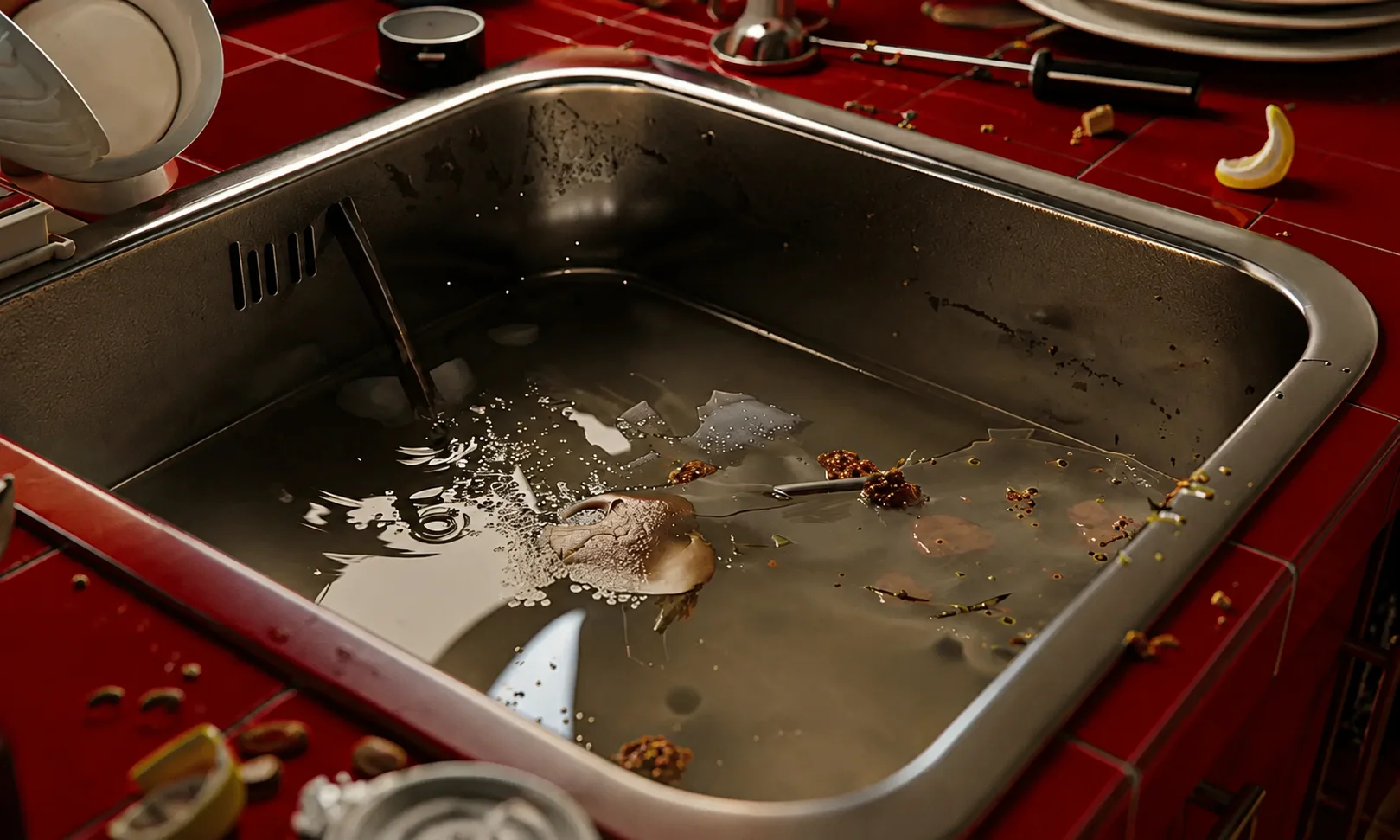 A blocked kitchen sink filled with debris and standing dirty water showcased under a warm red-toned aesthetic.