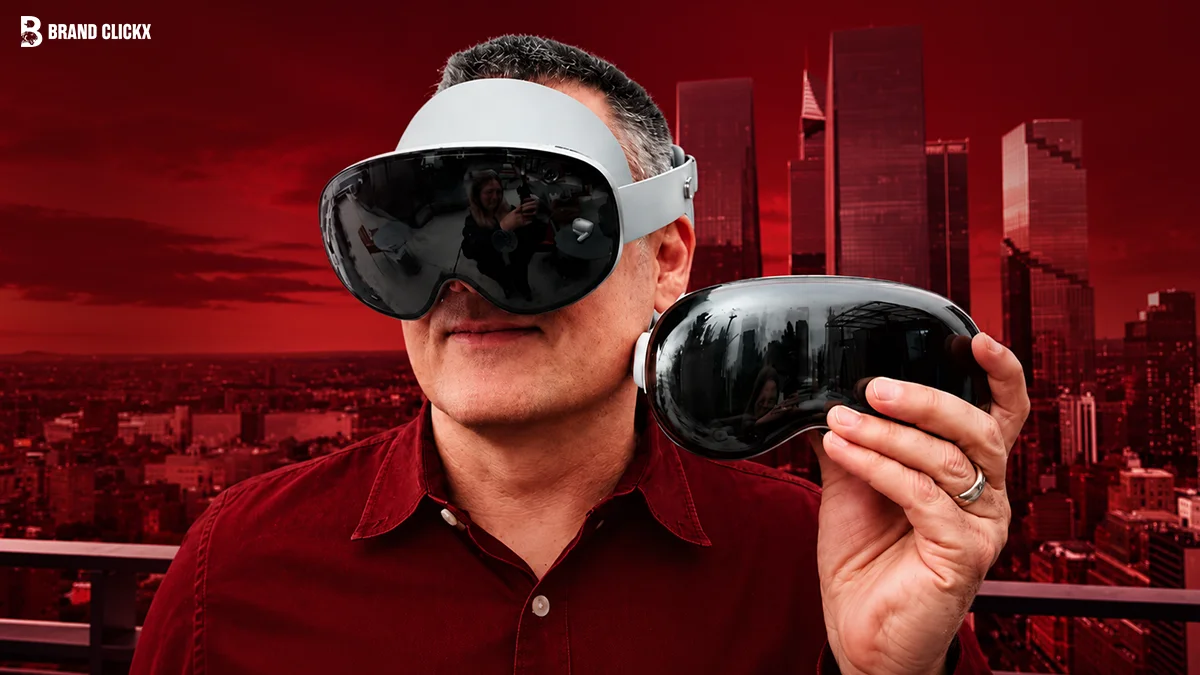 Smart Glasses Just Got Their First Real Competition Man wearing a virtual reality headset against a dark red urban backdrop