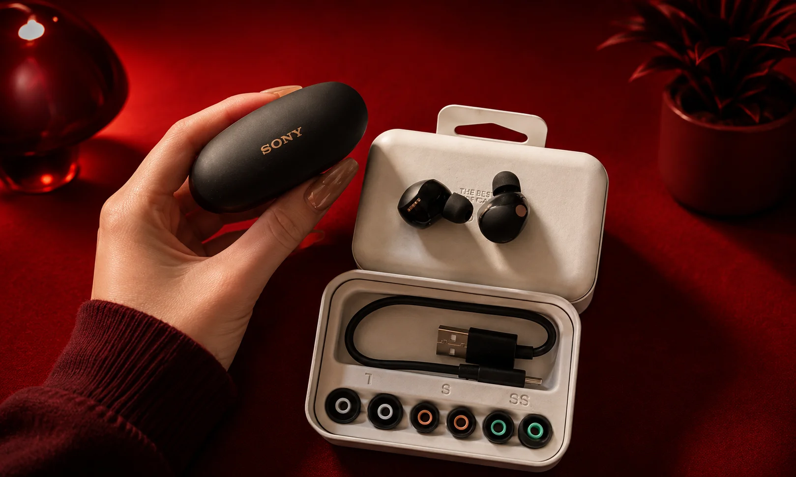 Sony WF-1000XM5 earbuds and charging case displayed on a red surface.