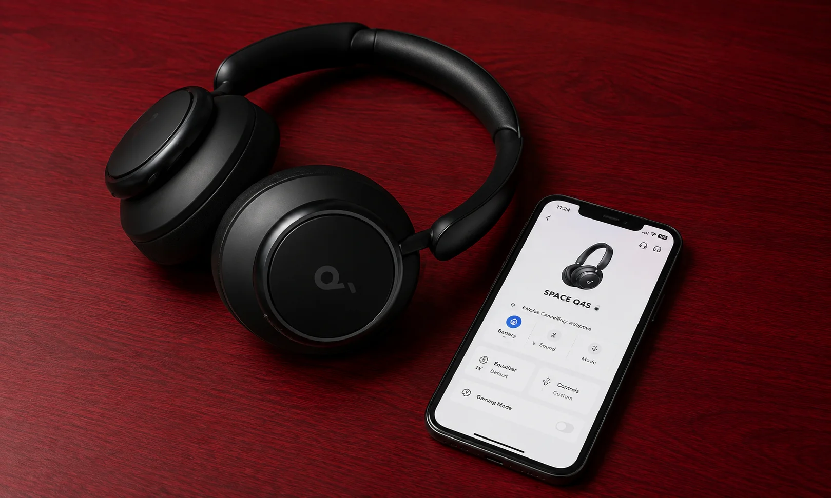 Soundcore Space Q45 headphones placed next to a matching white device.