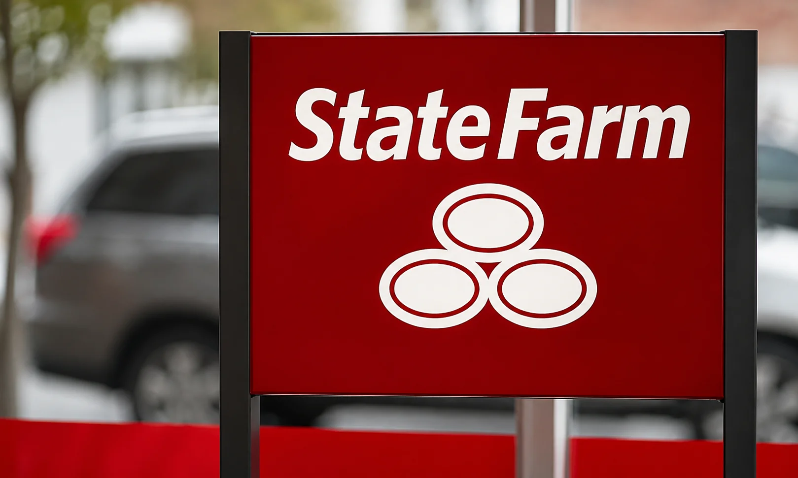 | Best Insurance Companies in the World in 2026 A red outdoor sign displaying the State Farm insurance company logo and branding near an office.