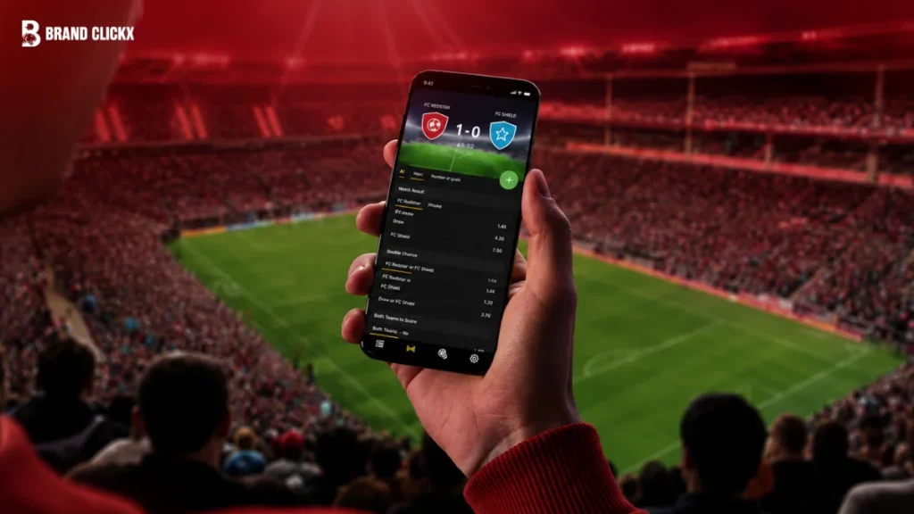 A hand holding a smartphone displaying a sports broadcast in a stadium setting.