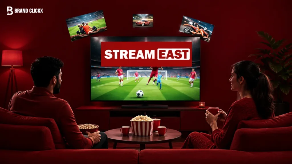 People watching a live sports stream on a television set against a dark red ambient background.