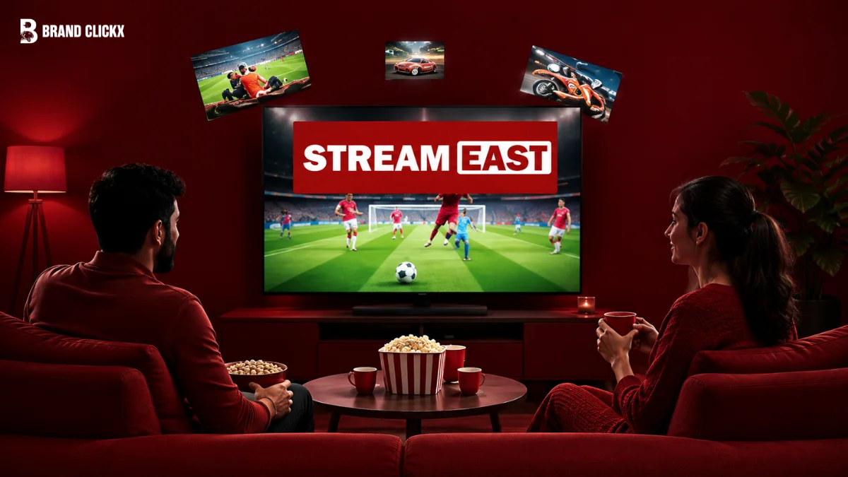 People watching a live sports stream on a television set against a dark red ambient background.