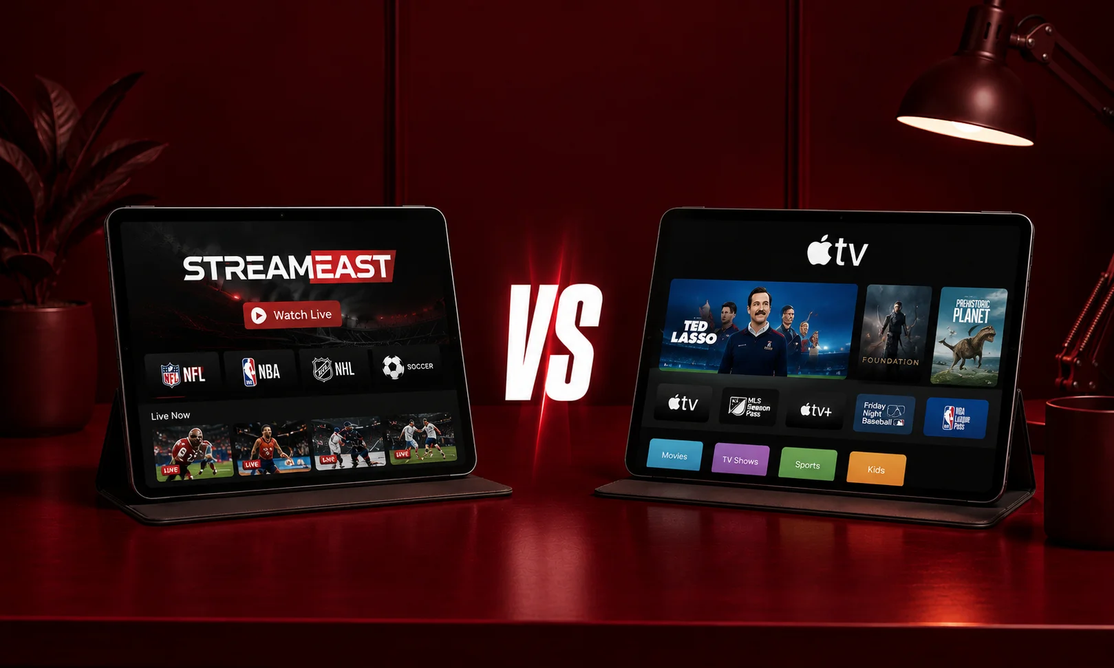 An image file showing a tablet broadcasting an NFL game in a room setup.