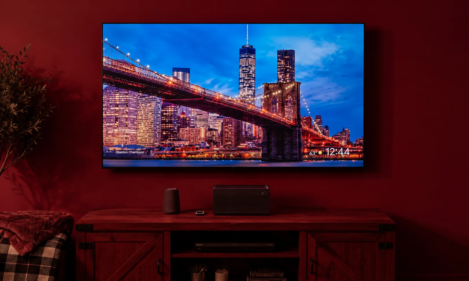 A TCL QM6K television displaying a vivid landscape picture.