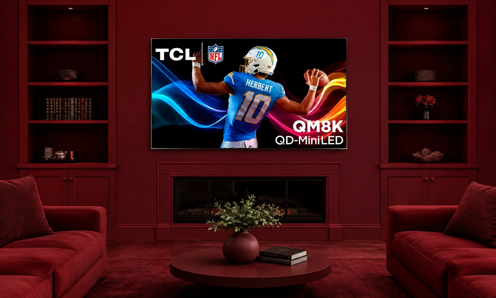 TCL QM8K and QM8L models positioned in a home theater setup.