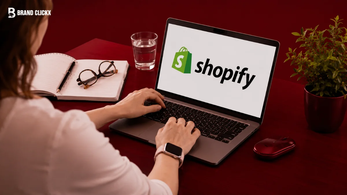 TOP 8 SHOPIFY A person working on a laptop displaying the Shopify logo on the screen, seated at a desk with a notebook, glasses, a glass of water, and a potted plant.
