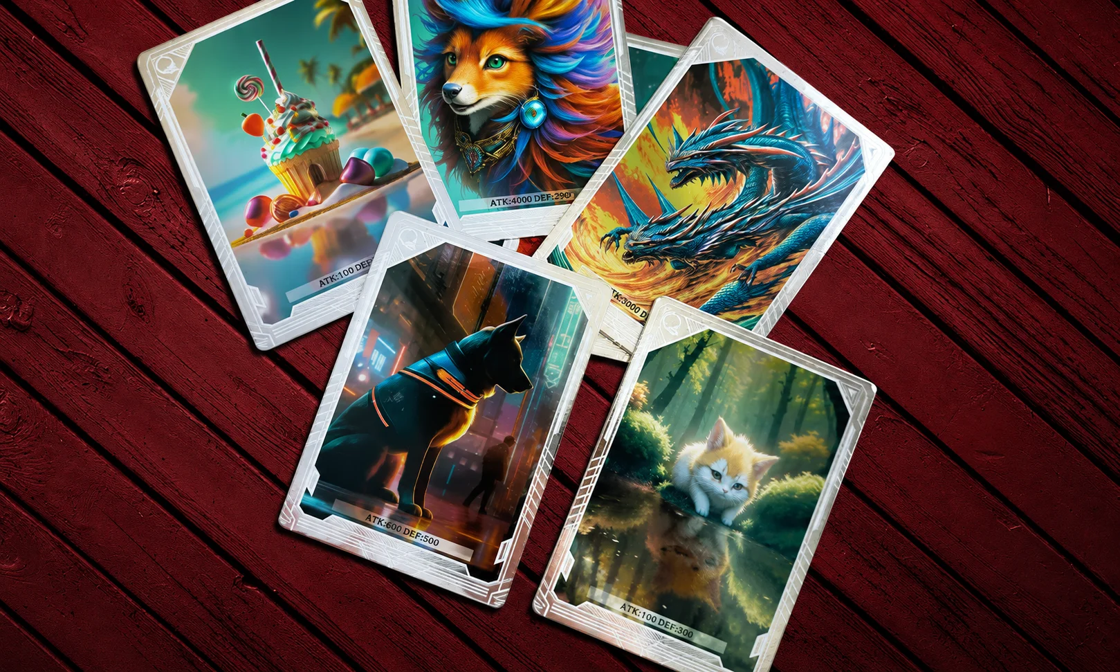 Collection of rare trading cards displayed neatly on a rich red surface