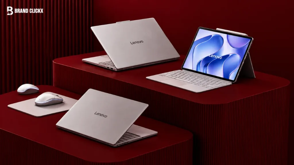 A display of silver Lenovo laptops, a tablet with a keyboard case, and computer mice arranged on tiered red platforms, featuring the Brand Clickx logo