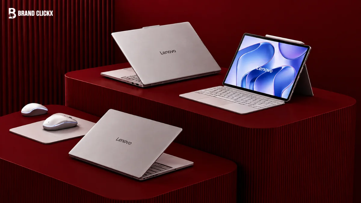 A display of silver Lenovo laptops, a tablet with a keyboard case, and computer mice arranged on tiered red platforms, featuring the Brand Clickx logo