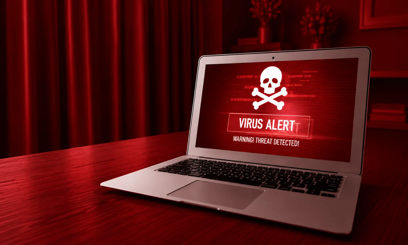 | StreamEast App: What You Should Know and the Best Alternatives laptop displaying a red warning graphic against a dark red background.