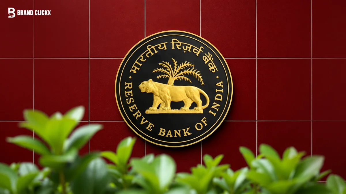 Reserve Bank of India logo on a red wall representing monetary policy decisions
