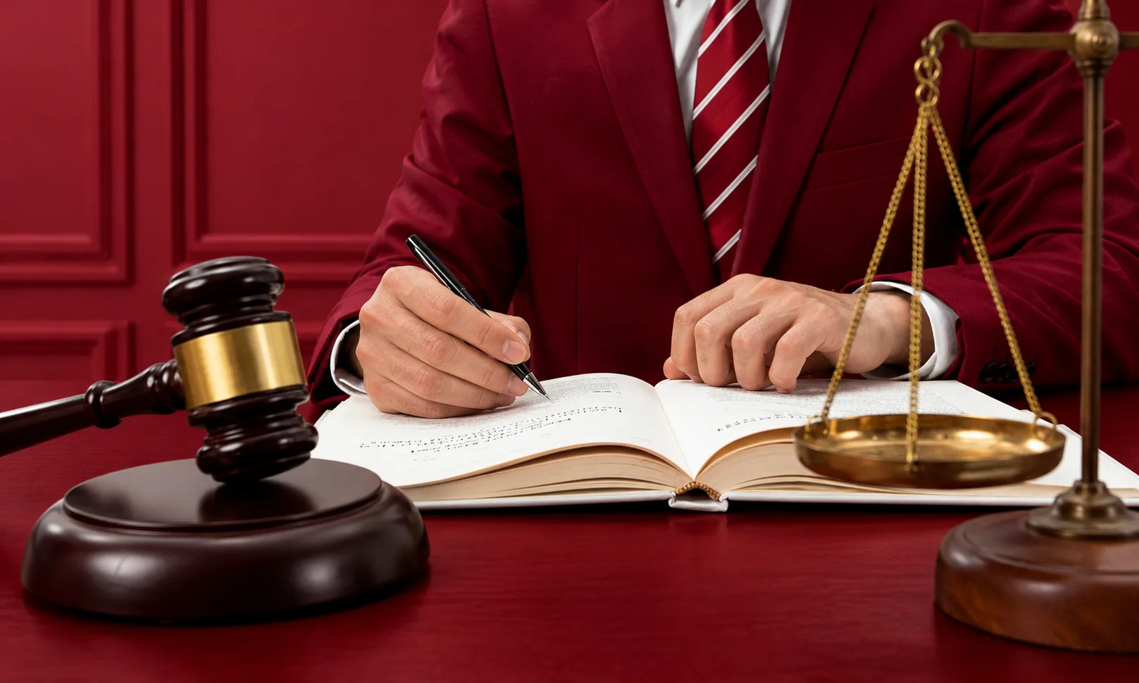 A legal professional writing notes next to a judge's gavel and scales of justice.