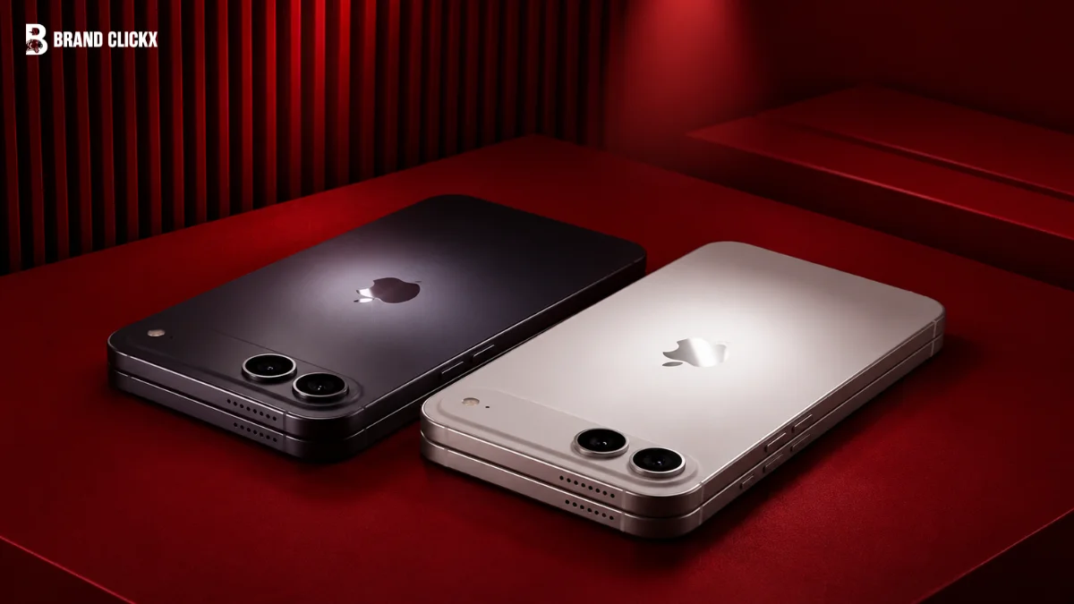 The iPhone Ultra Colour Leak Comes Two smartphones (one dark and one silver) with dual-lens camera setups and Apple logos displayed on a tiered red surface, featuring the Brand Clickx