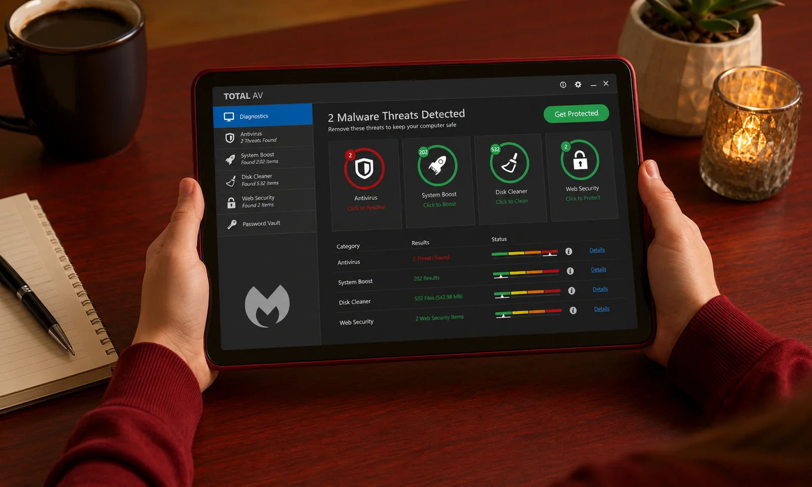 | Best Antivirus Software of 2026: Expert-Tested Picks for Every Need TotalAV antivirus dashboard displayed on a tablet on a red desk