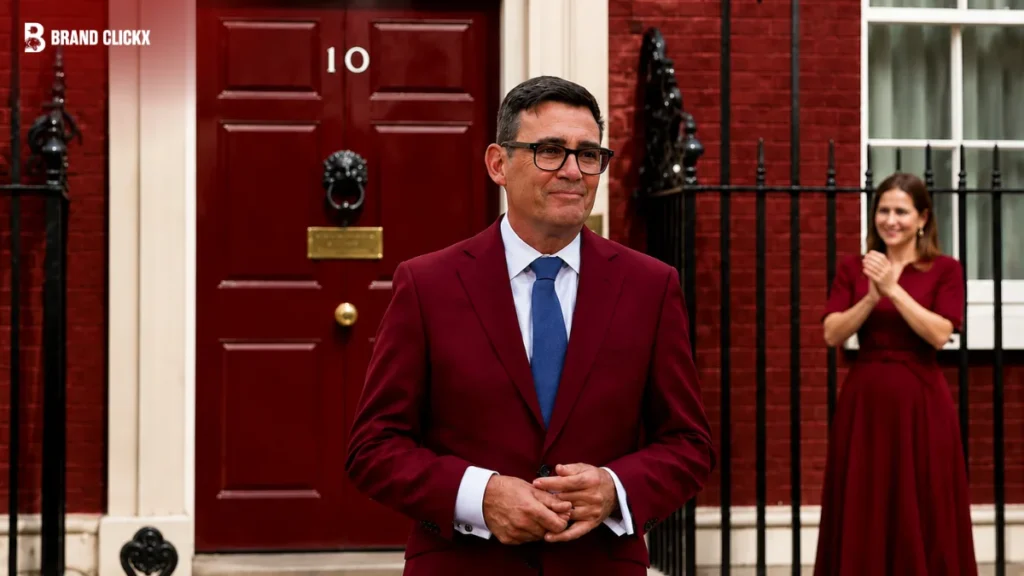 Treasury Officials Fear Burnhams Fiscal Flexibility Will Be Read as No Constraint at All A man wearing a maroon suit and blue tie standing outside the front door of 10 Downing Street,