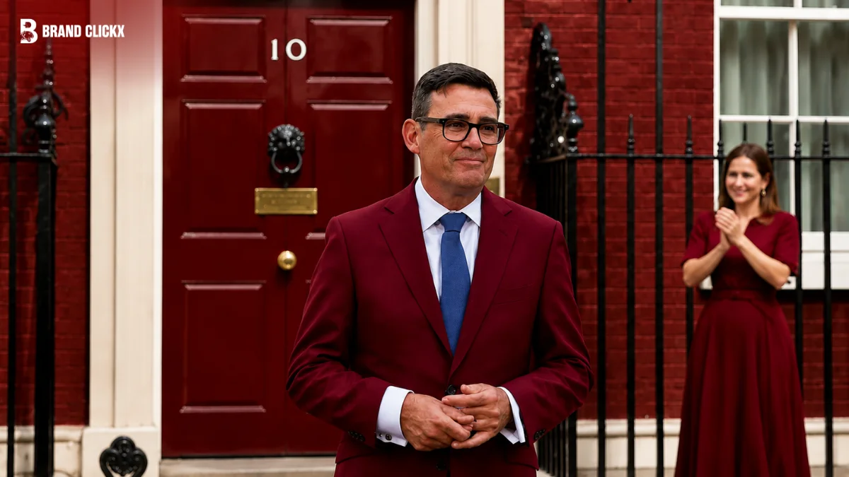 Treasury Officials Fear Burnhams Fiscal Flexibility Will Be Read as No Constraint at All A man wearing a maroon suit and blue tie standing outside the front door of 10 Downing Street,