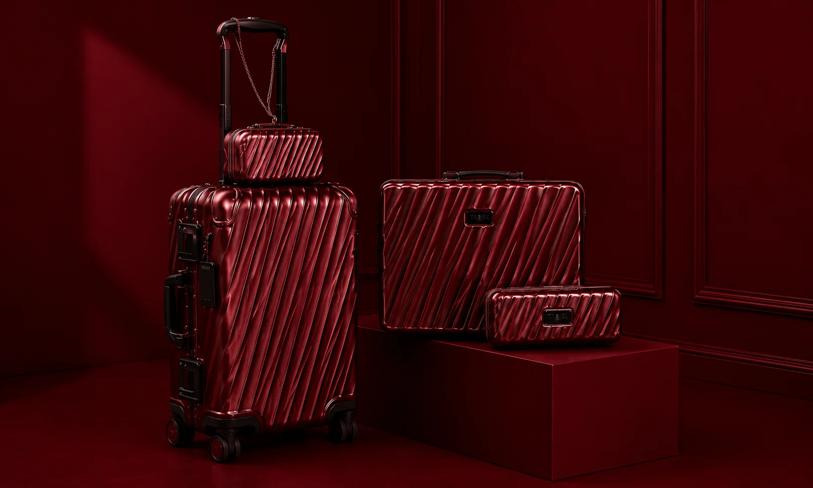 | 15 Best Luxury Luggage Brands for Travelers in 2026 Tumi travel gear and luggage displayed against a red backdrop.
