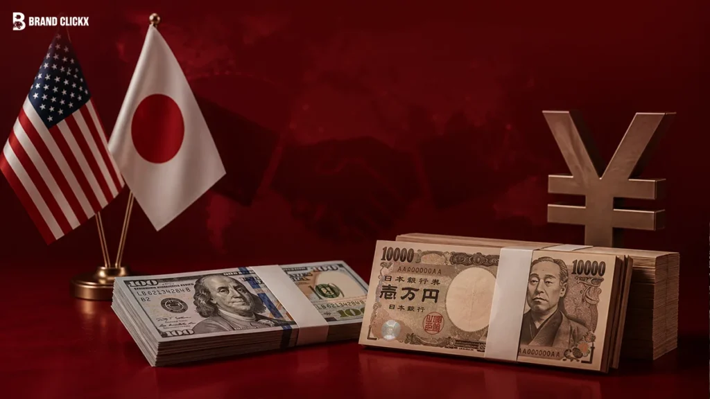 US and Japanese flags alongside currency and yen symbol against a red background