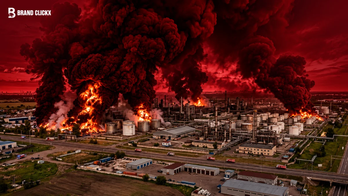 Ukraine Hit a Refinery 1300km From the Front Line 123 Japanese flag and financial building with stacks of currency set against a dark red ambient background.