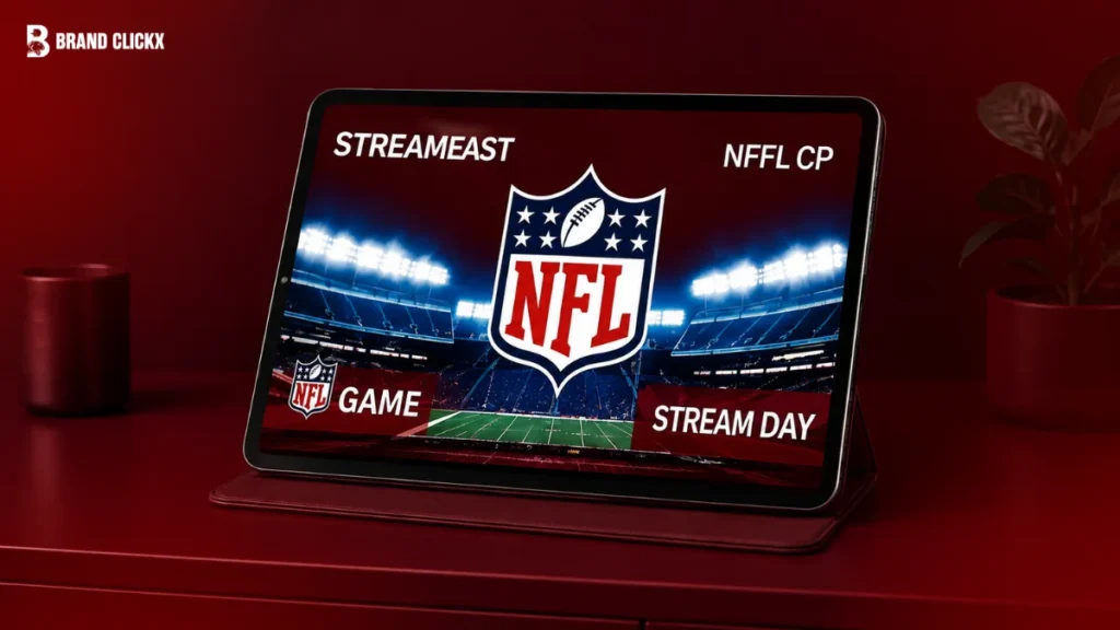 An image file showing a tablet broadcasting an NFL game in a room setup.