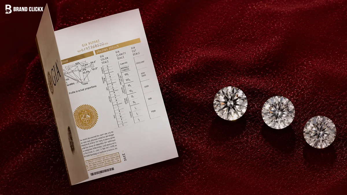 GIA diamond certification report alongside polished diamonds on red velvet