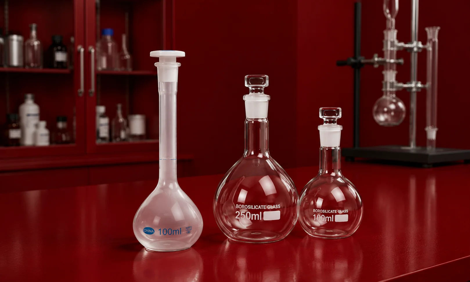 Side-by-side comparison of a calibrated volumetric flask with a stopper and a round-bottom Florence boiling flask.