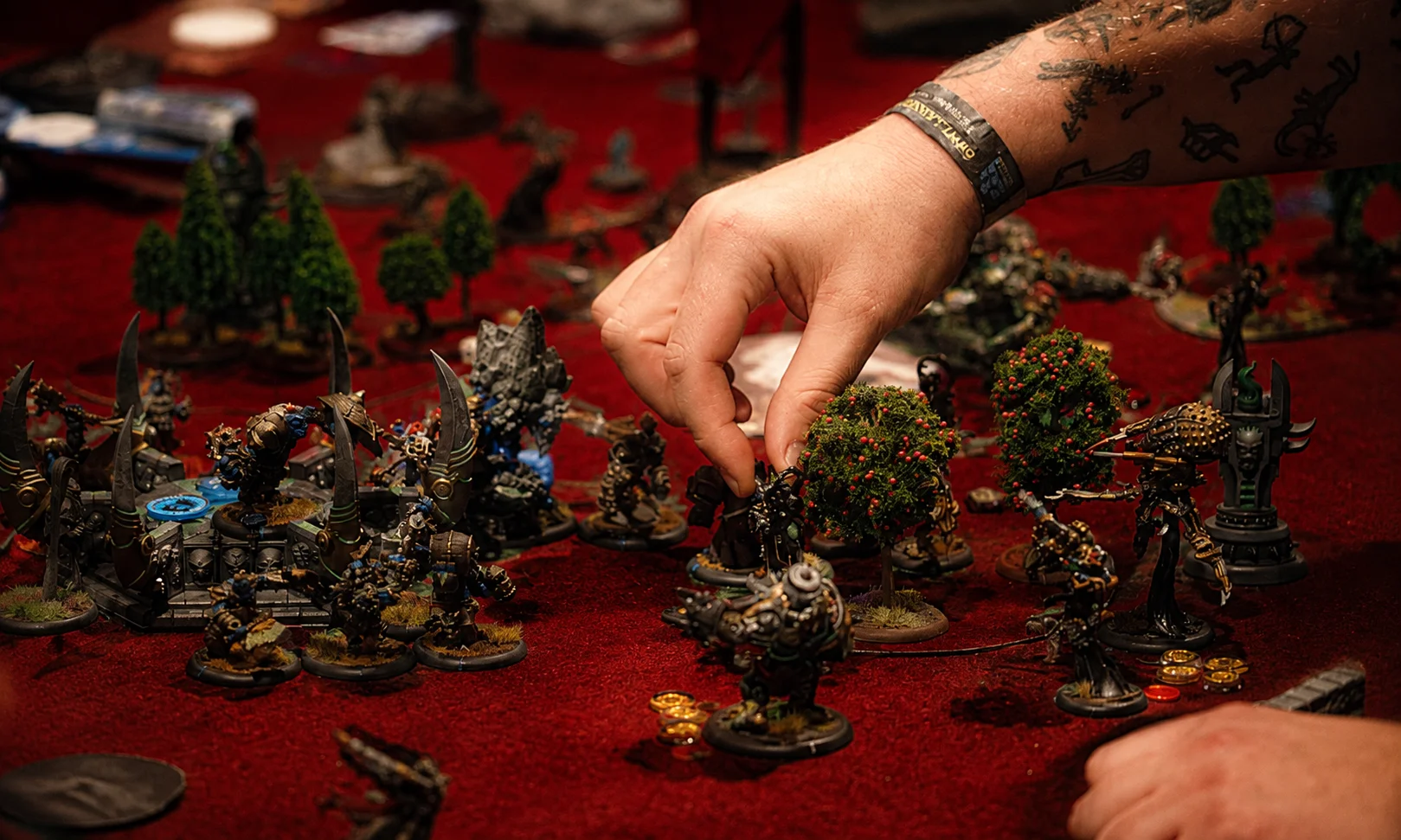 Detailed close-up of tabletop war game miniatures representing military troops and soldiers for strategy games.