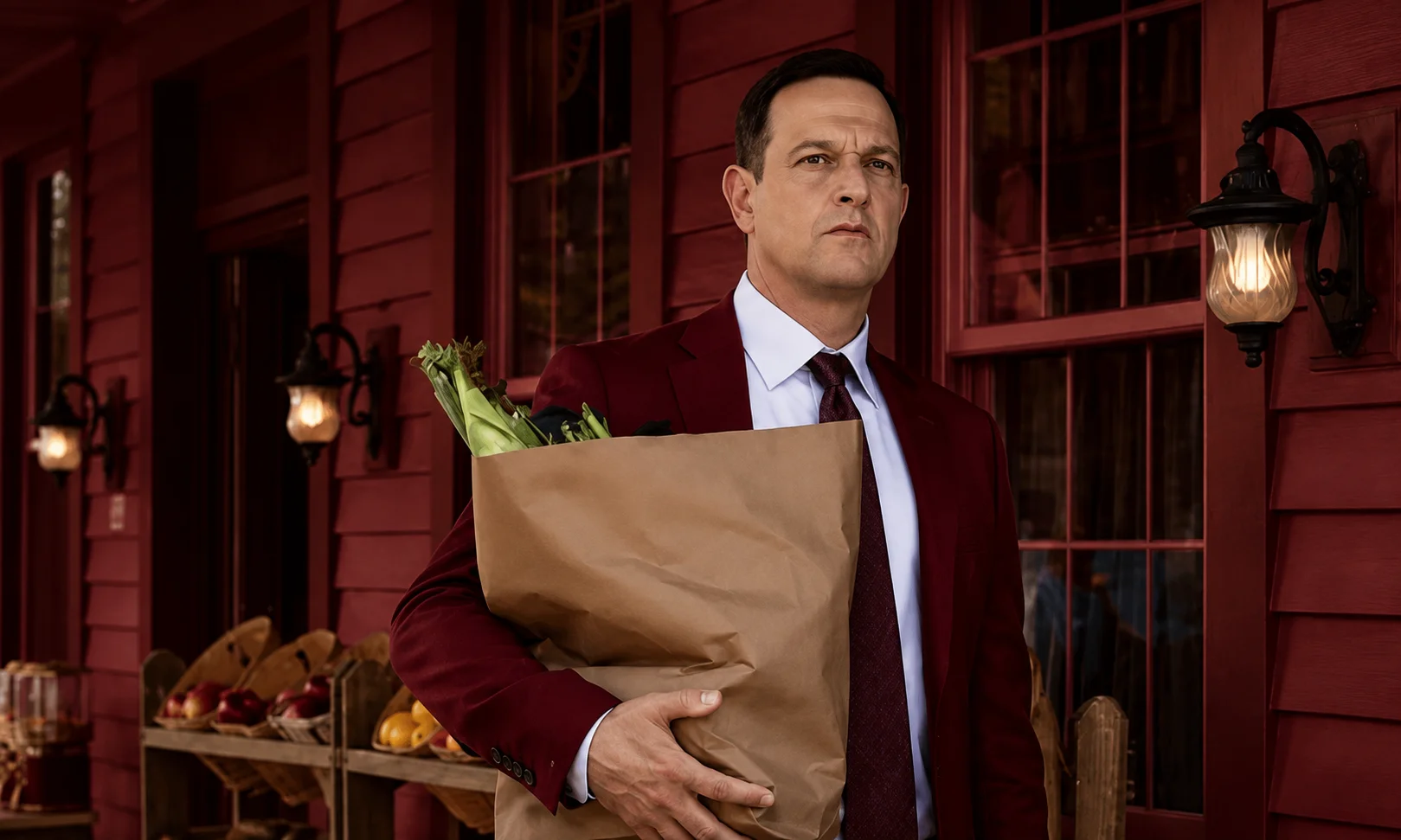 | Best Medicine: Everything to Know About the 2026 Medical Comedy Drama Dr. Martin Best holding a grocery bag outside a red storefront in the small coastal town setting